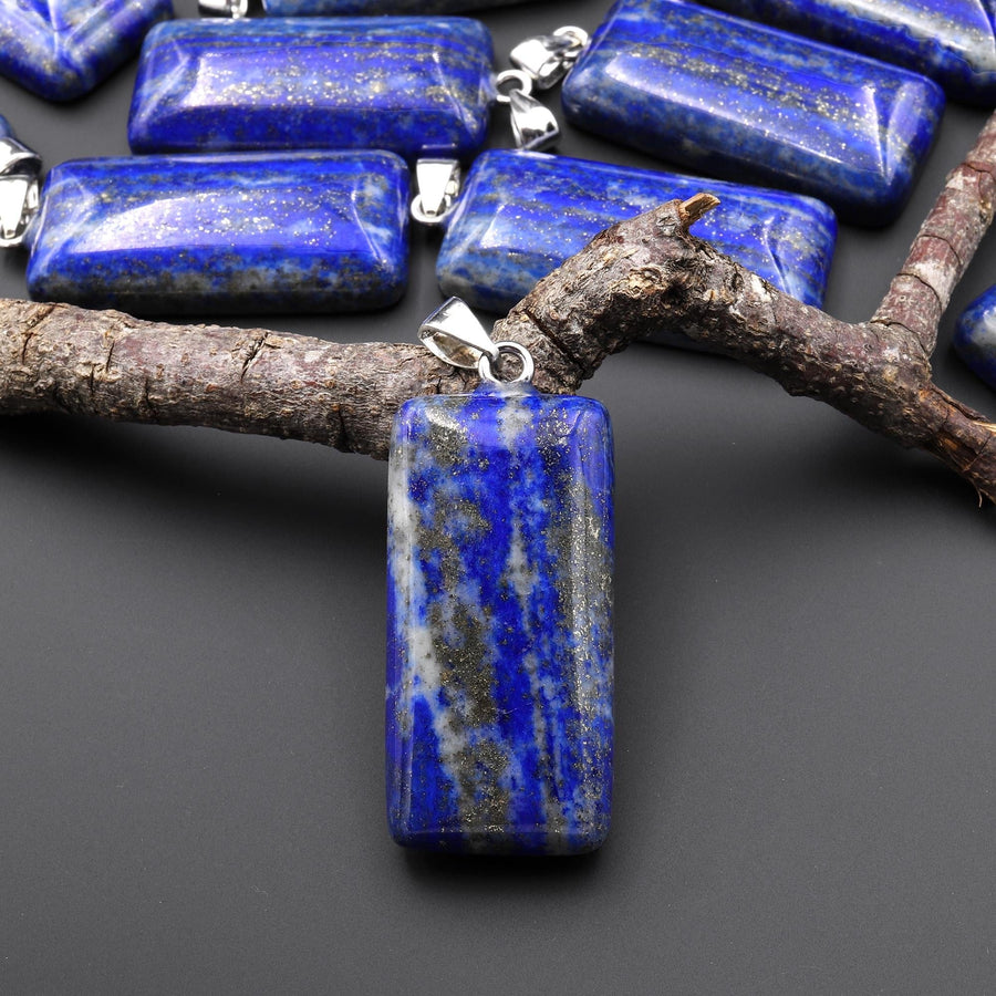 Natural Lapis Beveled Rectangle Pendant Blue Wave w/ Vertical Calcite Pyrite Veins