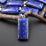 Natural Lapis Beveled Rectangle Pendant Blue Wave w/ Vertical Calcite Pyrite Veins