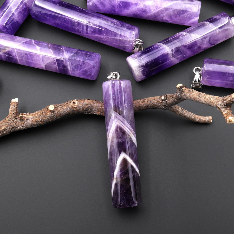 Natural Violet Purple Amethyst Long Cylinder Pendant Natural Crystal Focal Bead