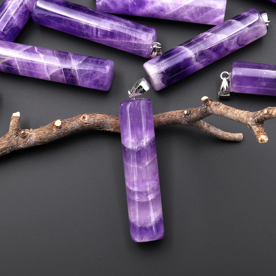 Natural Violet Purple Amethyst Long Cylinder Pendant Natural Crystal Focal Bead