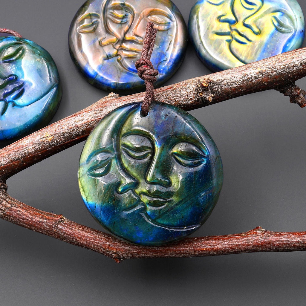 AAA Fiery Hand Carved Natural Labradorite Sun and Moon Face Pendant Gemstone Focal Bead A1