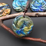 AAA Hand Carved Mystical Nine-Tailed Fox Natural Golden Blue Labradorite Pendant Gemstone Focal Bead