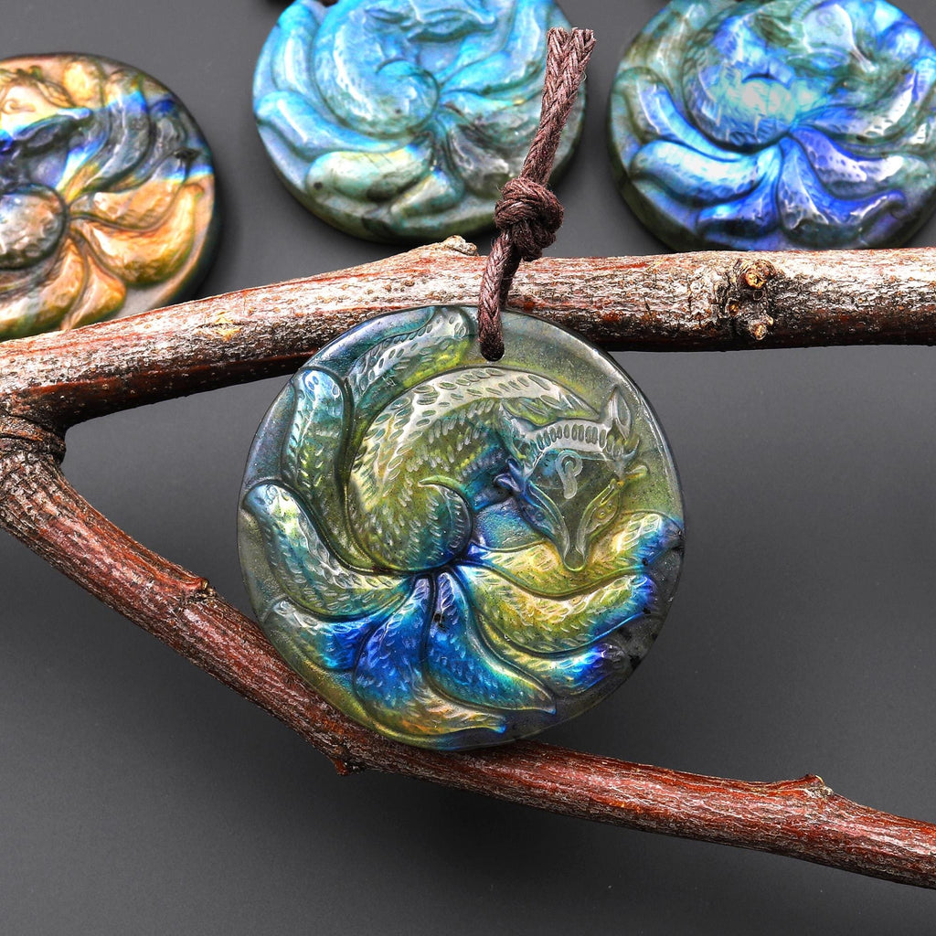 AAA Hand Carved Mystical Nine-Tailed Fox Natural Golden Blue Labradorite Pendant Gemstone Focal Bead A1