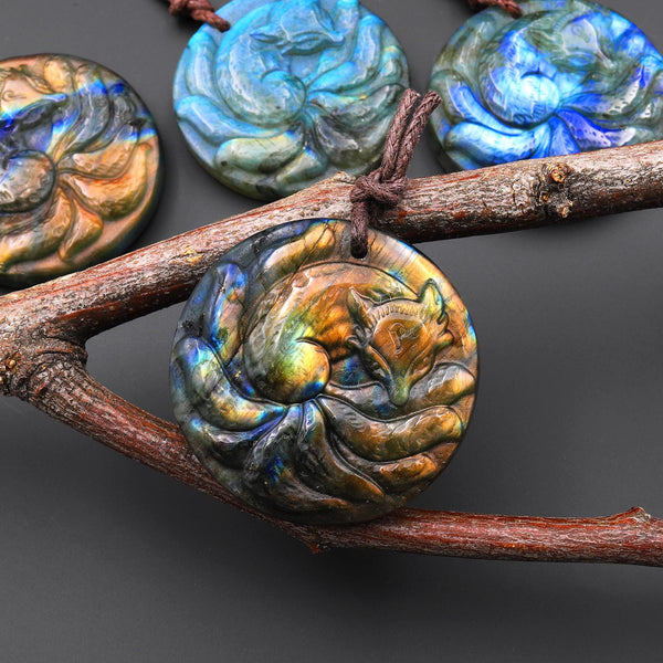 AAA Hand Carved Mystical Nine-Tailed Fox Natural Golden Blue Labradorite Pendant Gemstone Focal Bead A5