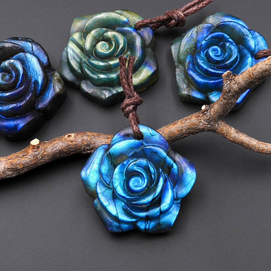 AAA Hand Carved Natural Labradorite Rose Flower Pendant 30mm Gemstone Focal Bead