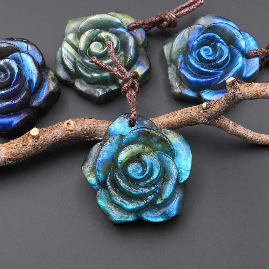 AAA Hand Carved Natural Labradorite Rose Flower Pendant 30mm Gemstone Focal Bead