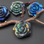 AAA Hand Carved Natural Labradorite Rose Flower Pendant 30mm Gemstone Focal Bead