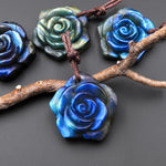 AAA Hand Carved Natural Labradorite Rose Flower Pendant 30mm Gemstone Focal Bead