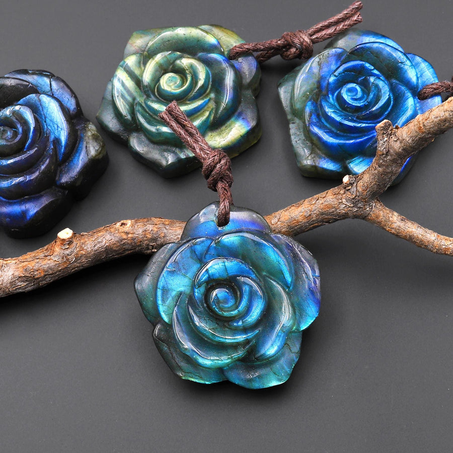 AAA Hand Carved Natural Labradorite Rose Flower Pendant 30mm Gemstone Focal Bead A3