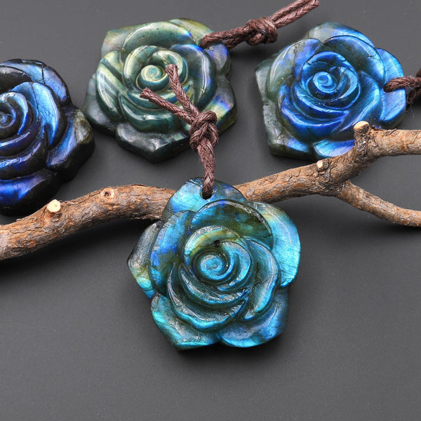 AAA Hand Carved Natural Labradorite Rose Flower Pendant 30mm Gemstone Focal Bead A4
