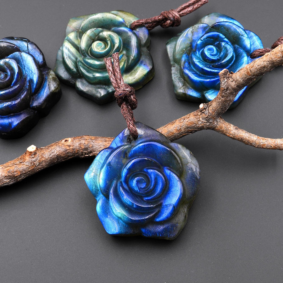 AAA Hand Carved Natural Labradorite Rose Flower Pendant 30mm Gemstone Focal Bead A7