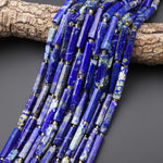 Natural Blue Lapis Faceted Thin Long Tube Beads 15.5" Strand