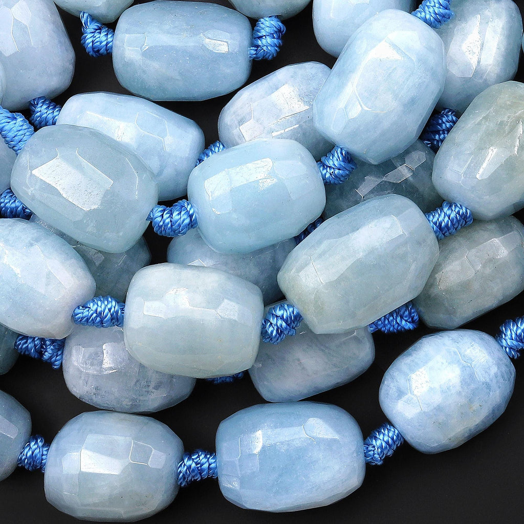 Large Hand Faceted Natural Blue Aquamarine Rounded Nugget Gemstone Beads 16.5" Strand