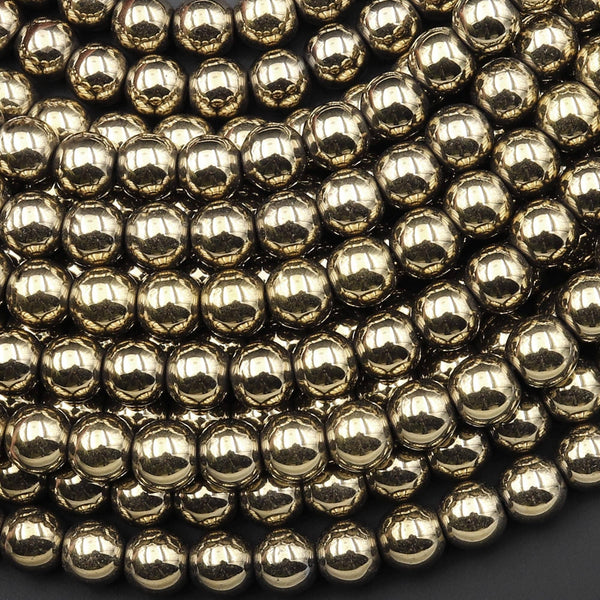 Large Hole Beads Titanium Pyrite Smooth Round 6mm 8mm 10mm Beads 2mm Large Drilled Hole 8" Strand