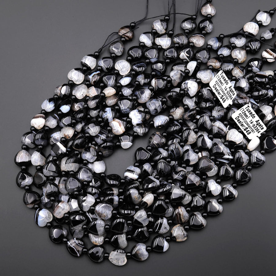 Natural Black Tuxedo Agate Smooth Heart Beads W/ White Quartz Matrix 12mm 15.5" Strand