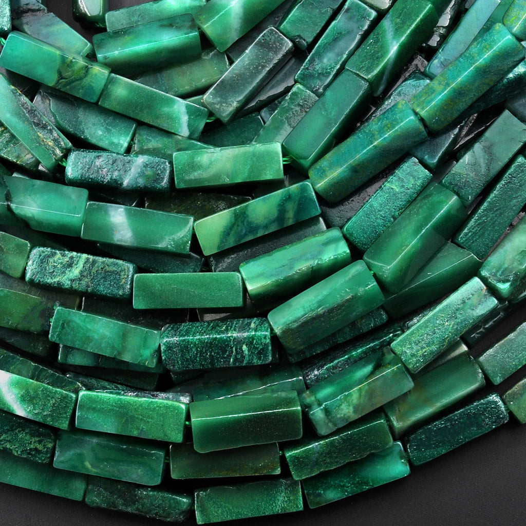 Natural African Green Jade Thin Long Rectangle Tube Beads 15.5" Strand