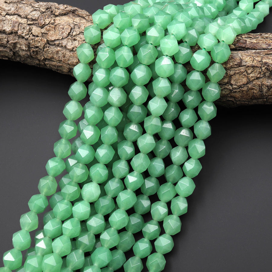 Star Cut Green Aventurine Faceted 10mm Rounded Nugget Beads 15" Strand