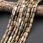 Natural Gray Brown Artistic Jasper Smooth Drum Rectangle Beads Aka Wild Horse Picture Jasper 15.5" Strand