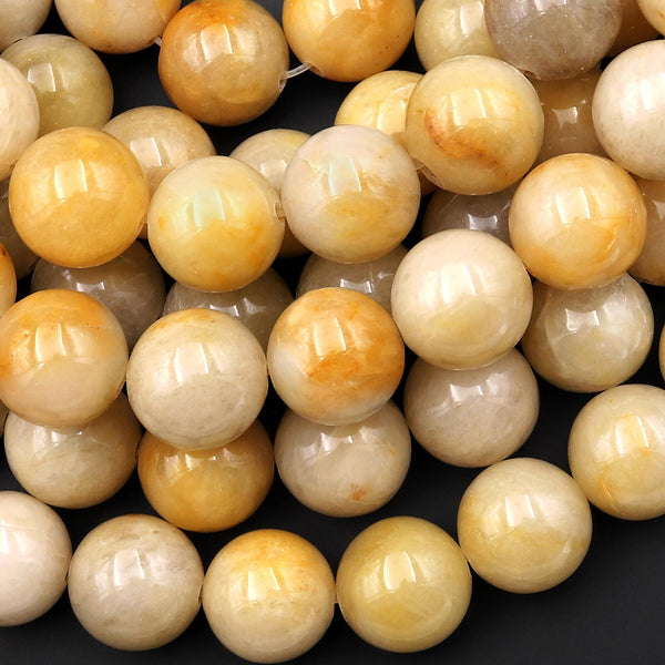 Large Natural Yellow Jade Round Beads 14mm Gemstone 15.5" Strand