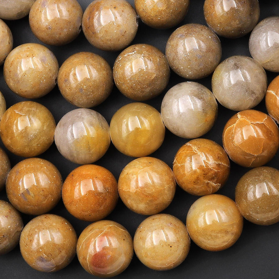 Large Natural Dark Yellow Jade Round Beads 14mm Gemstone 15.5" Strand