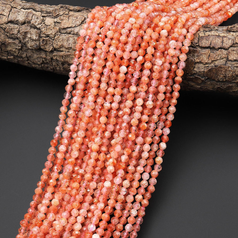 AAA Faceted Natural Sunstone Round Beads 4mm Gemstone 15.5" Strand