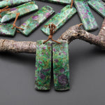 Natural Red Ruby Green Fuchsite 40x12mm Rectangle Earring Pair Matched Gemstone Beads