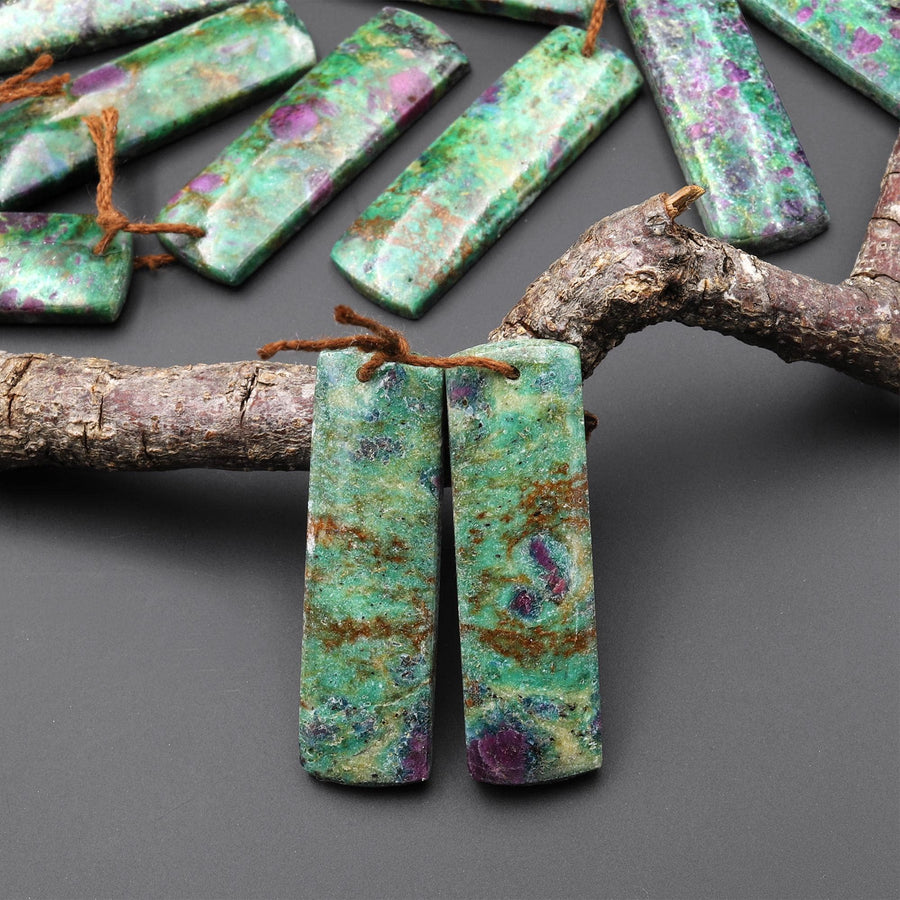 Natural Red Ruby Green Fuchsite 40x12mm Rectangle Earring Pair Matched Gemstone Beads