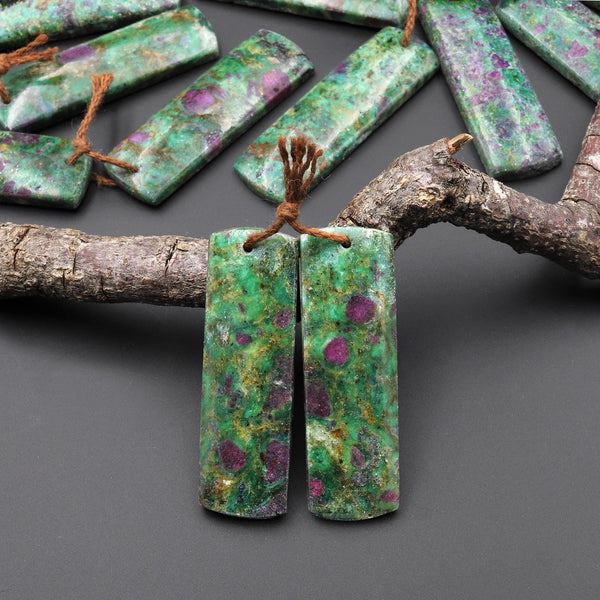 Natural Red Ruby Green Fuchsite 40x12mm Rectangle Earring Pair Matched Gemstone Beads