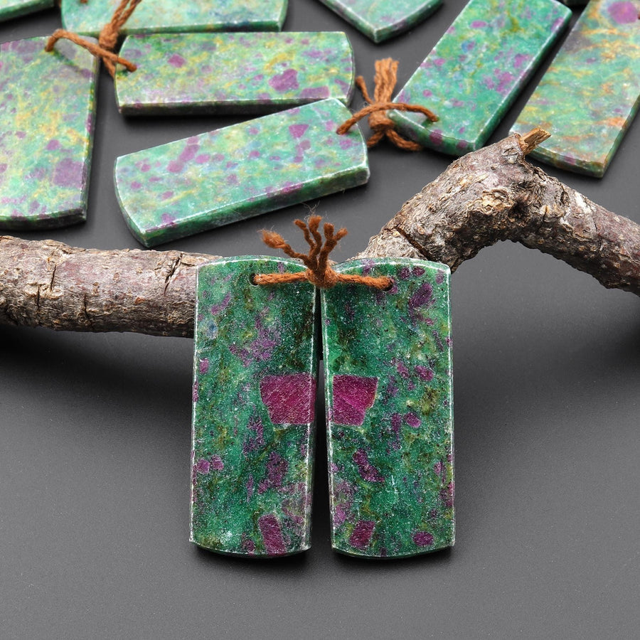 Natural Red Ruby Green Fuchsite Flat Rectangle Earring Pair Matched Gemstone Beads