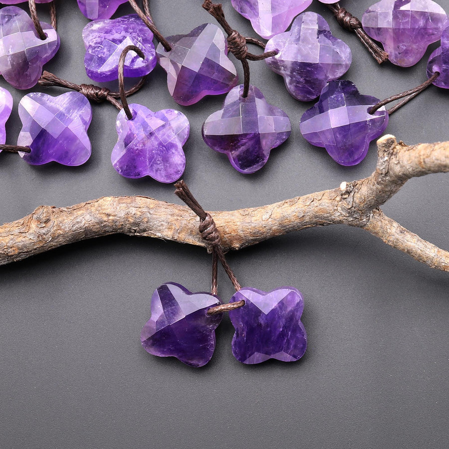 Carved Natural Purple Amethyst Four Leaf Clover Earring Pair Matched Gemstone Beads A2