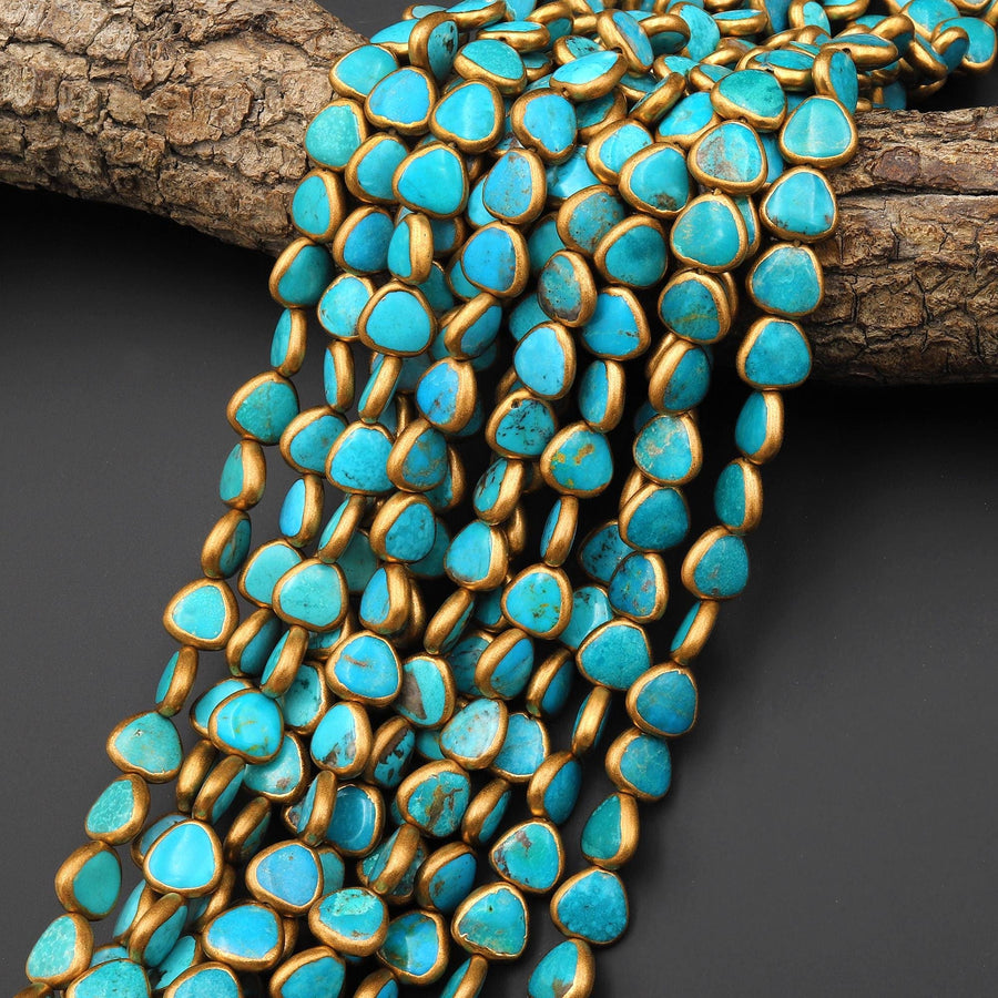 Genuine Natural Blue Turquoise Gold Copper Edging Vertically Drilled Triangle 10mm Beads Choose from 5pcs, 10pcs 15.5" Strand