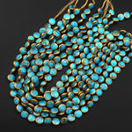 Genuine Natural Blue Arizona Turquoise Gold Copper Edging Coin 12mm Beads Choose from 5pcs, 10pcs, 16" Strand