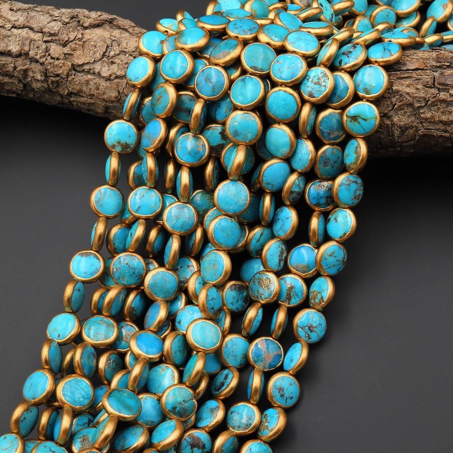 Genuine Natural Blue Arizona Turquoise Gold Copper Edging Coin 12mm Beads Choose from 5pcs, 10pcs, 16" Strand