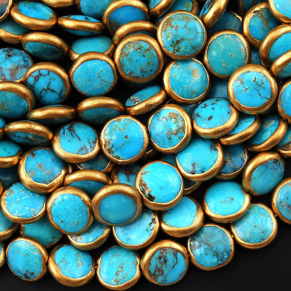 Genuine Natural Blue Arizona Turquoise Gold Copper Edging Coin 12mm Beads Choose from 5pcs, 10pcs, 16" Strand