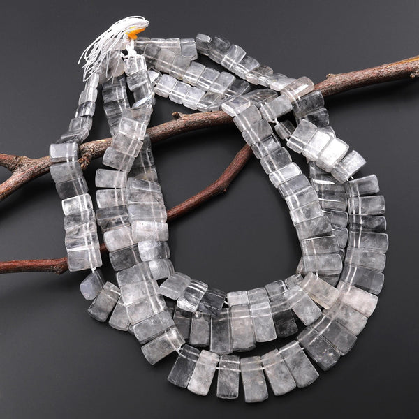 Hand Cut Graduated Natural Stormy Grey Cloudy Quartz Tile Beads 12mm 22mm 18" Strand