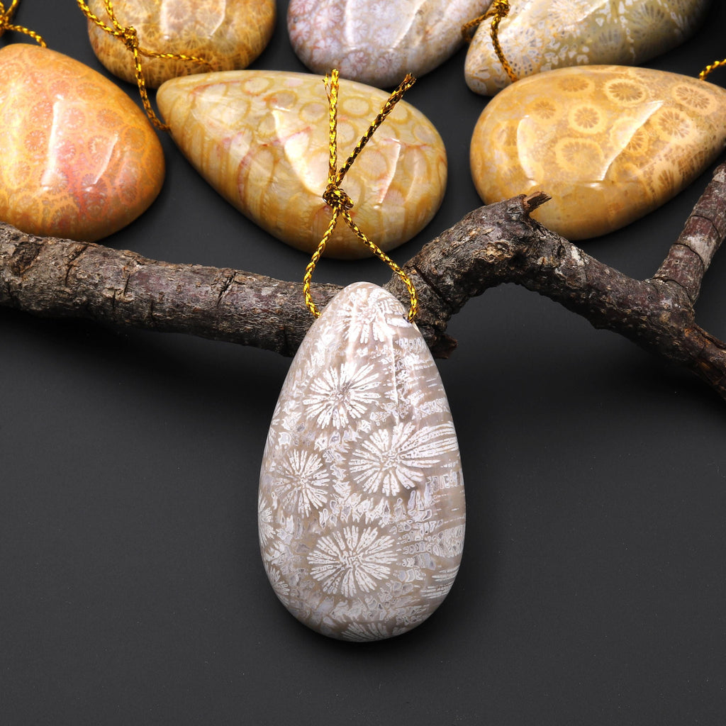 AAA Natural Fossil Coral Teardrop Side Drilled Gemstone Pendant A7