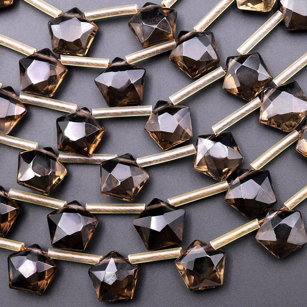 Faceted Natural Smoky Quartz Star Cut Pentagon Beads 10mm Dazzling Micro Diamond Cut Gemstone 15.5" Strand