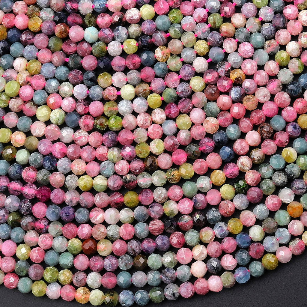 AAA Micro Faceted Natural Pink Blue Green Tourmaline Round Beads 2mm 3mm Gemstone 15.5" Strand