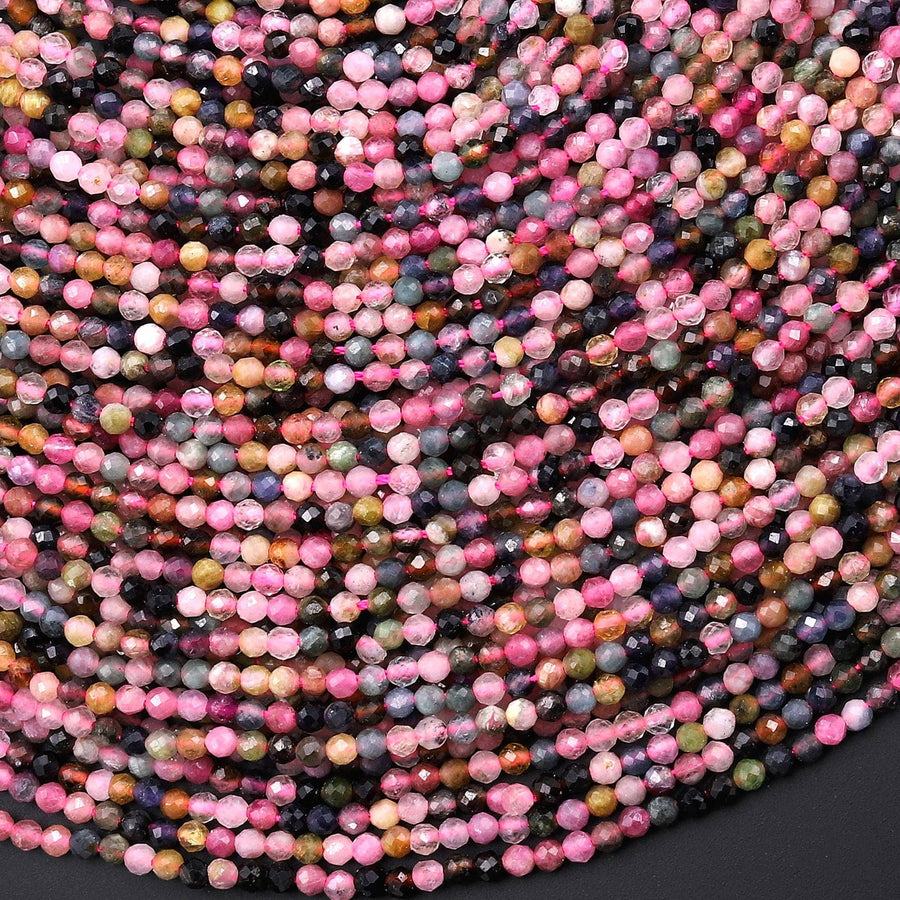 Faceted Natural Tourmaline 2mm Round Beads Gemstone 15.5" Strand