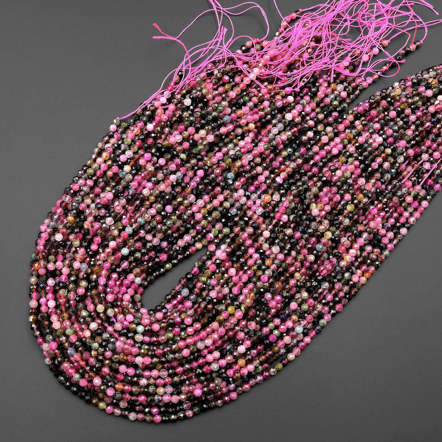 AAA Translucent Natural Pink Green Tourmaline Micro Faceted 2mm 3mm 4mm Round Gemstone Beads 15.5" Strand