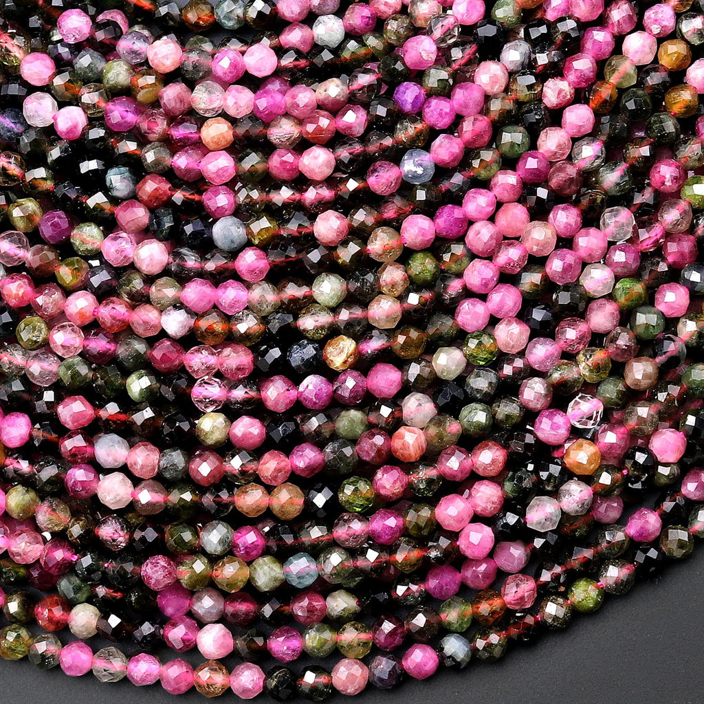 AAA Translucent Natural Pink Green Tourmaline Micro Faceted 2mm 3mm 4mm Round Gemstone Beads 15.5" Strand