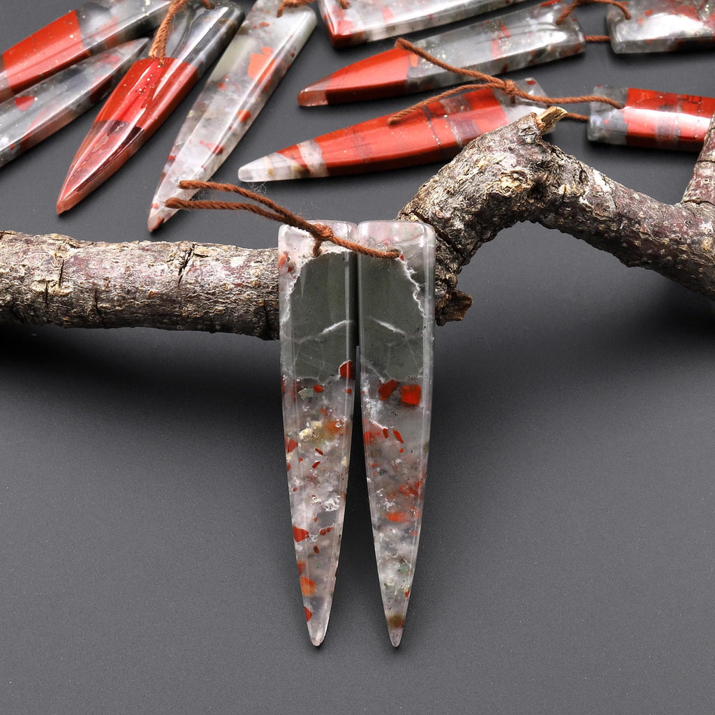 Natural African Bloodstone Matched Long Dagger Triangle Spike Earring Beads Drilled Gemstone Pair A22