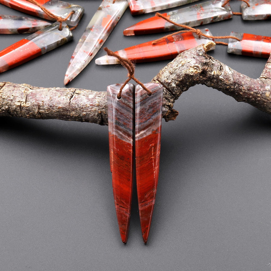 Natural African Bloodstone Matched Long Dagger Triangle Spike Earring Beads Drilled Gemstone Pair A99