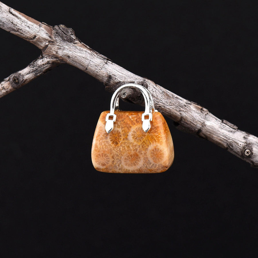 Hand Carved Natural Indonesian Fossil Coral Focal Pendant Bead Purse Miniature Handbag Style OP0040