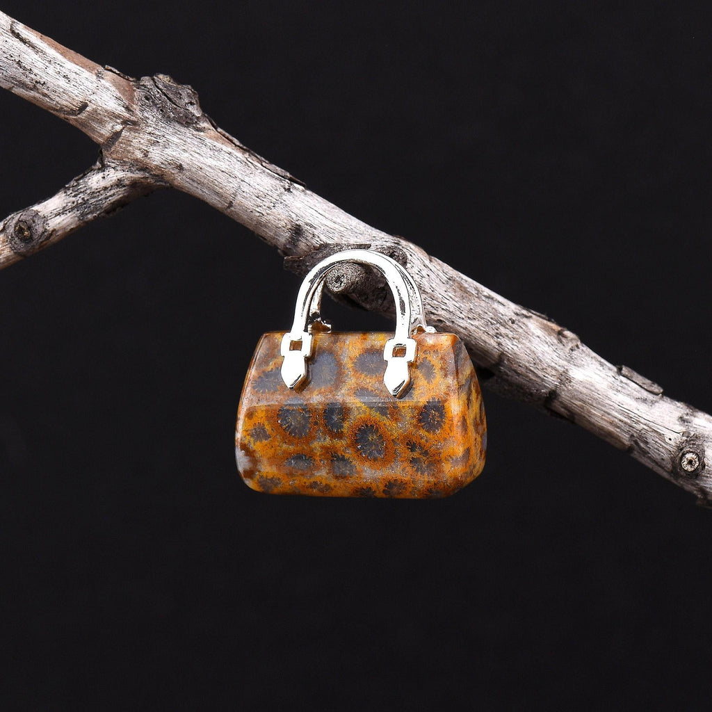 Hand Carved Natural Indonesian Fossil Coral Focal Pendant Bead Purse Miniature Handbag Style OP0045