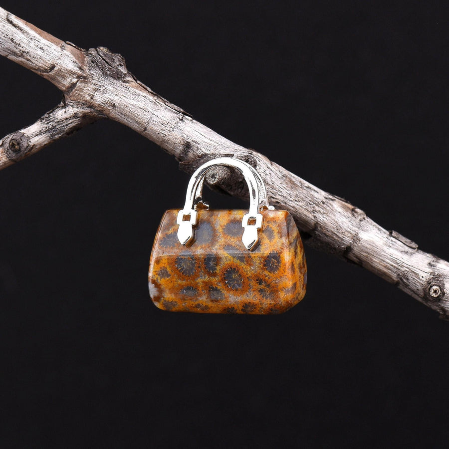 Hand Carved Natural Indonesian Fossil Coral Focal Pendant Bead Purse Miniature Handbag Style OP0045