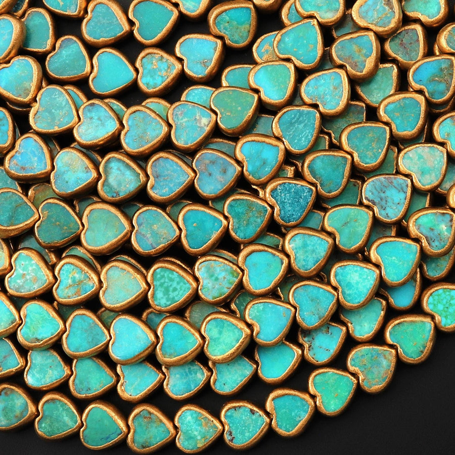 Genuine Natural Blue Turquoise Gold Copper Edging Heart 8mm 10mm Beads Choose from 5pcs, 10pcs 16" Strand