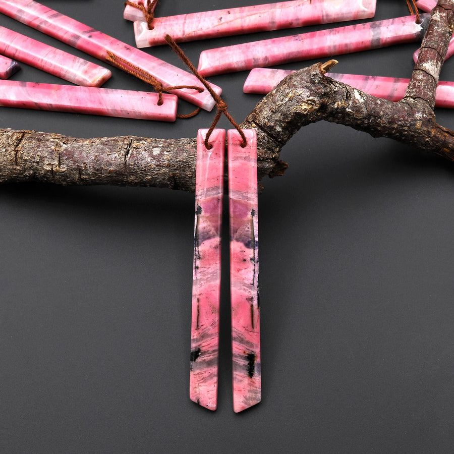 AAA Natural Pink Rhodonite In Quartz Earring Pair Long Dagger Triangle Drilled Matched Gemstone Beads