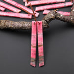 AAA Natural Pink Rhodonite In Quartz Earring Pair Long Dagger Triangle Drilled Matched Gemstone Beads