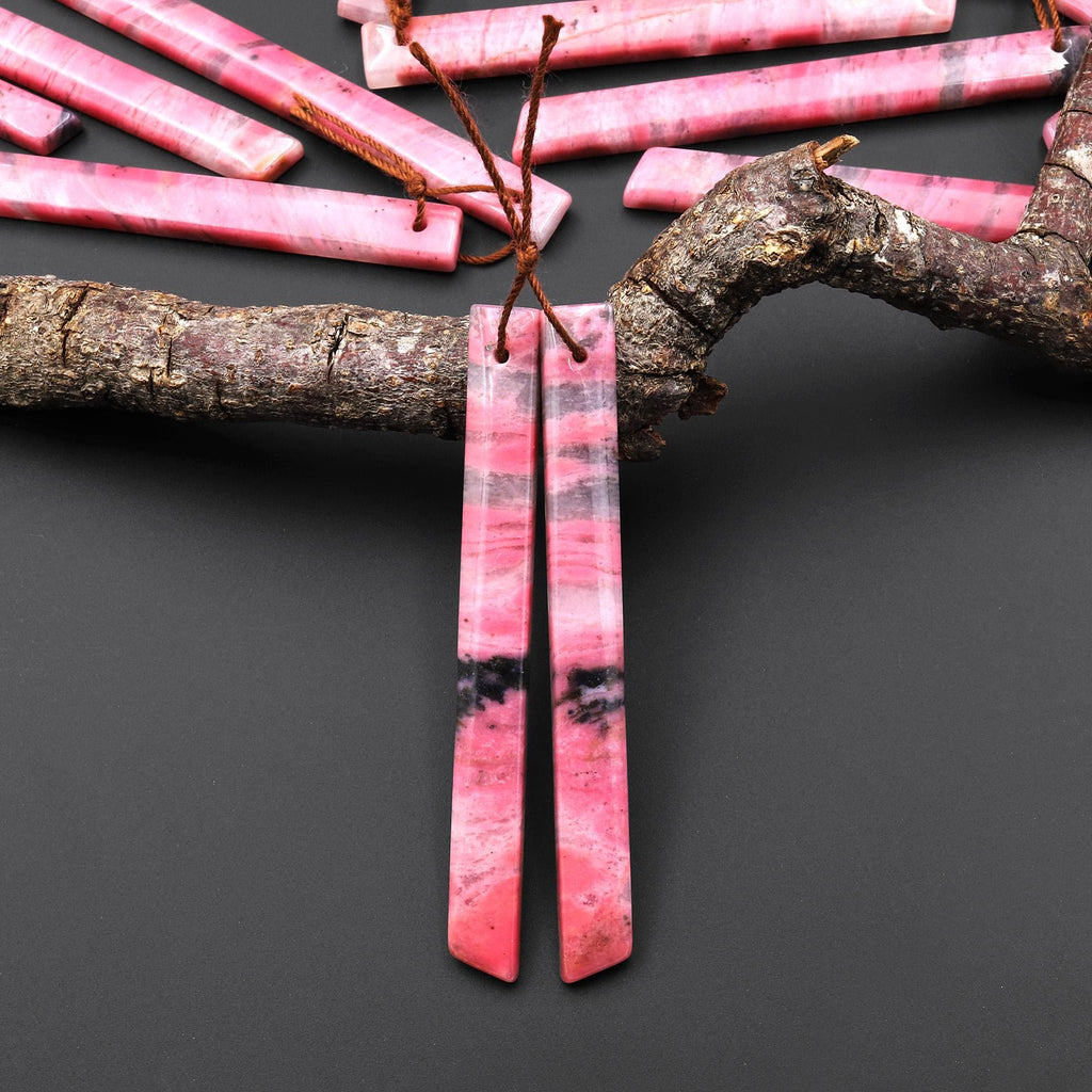 AAA Natural Pink Rhodonite In Quartz Earring Pair Long Dagger Triangle Drilled Matched Gemstone Beads A6